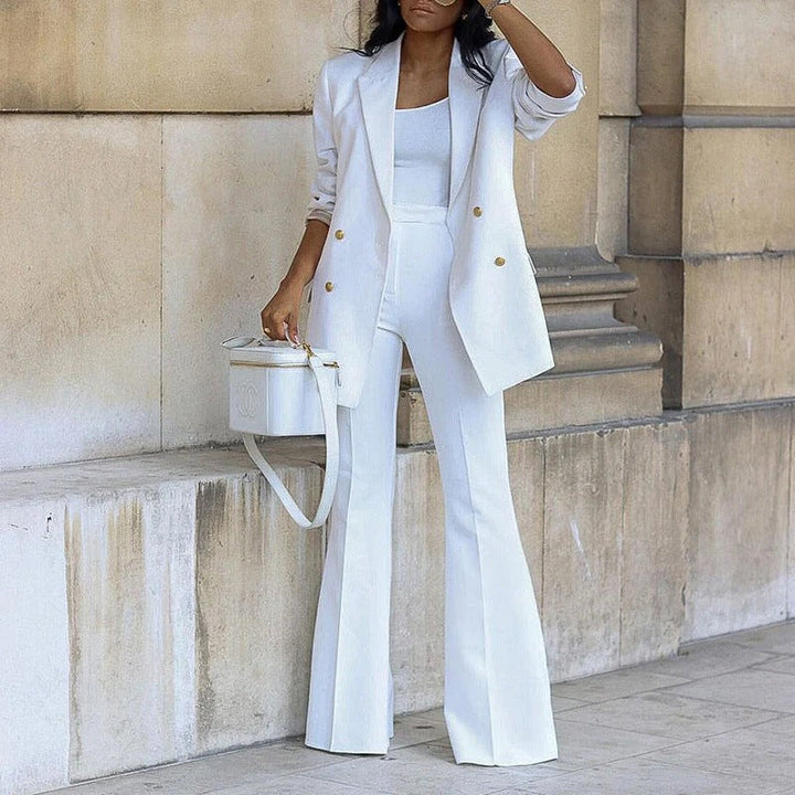 Women’s Blazer and Trouser Set – Slim Fit Double-Breasted – High Waist Flared Leg