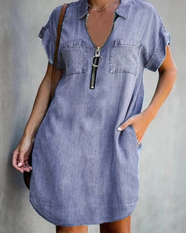 Women’s Denim Dress – Relaxed Fit – Zipper Front – Short Sleeve – Utility Pockets