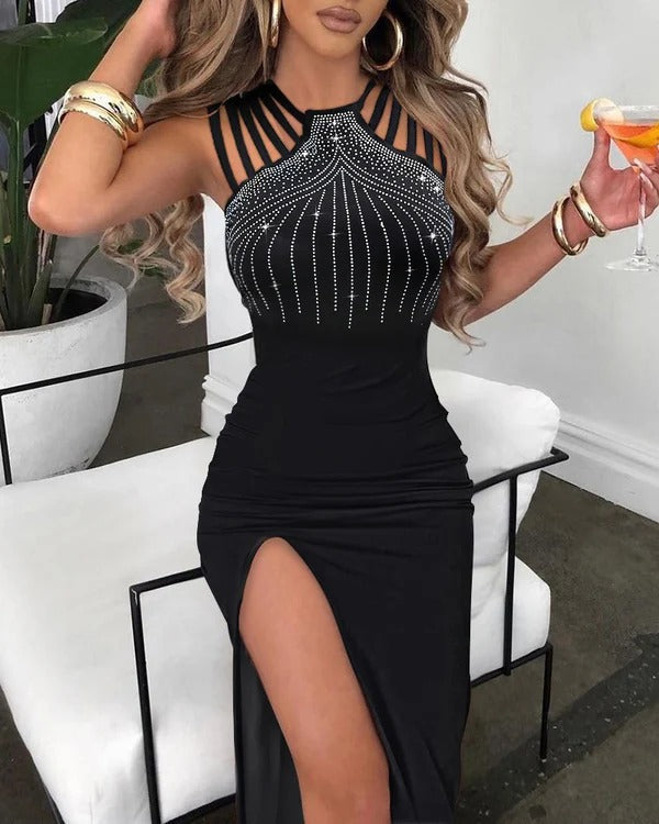 Women’s Maxi Dress – Strappy Bodice – Sparkling Detail – High Slit – Elegant Fit