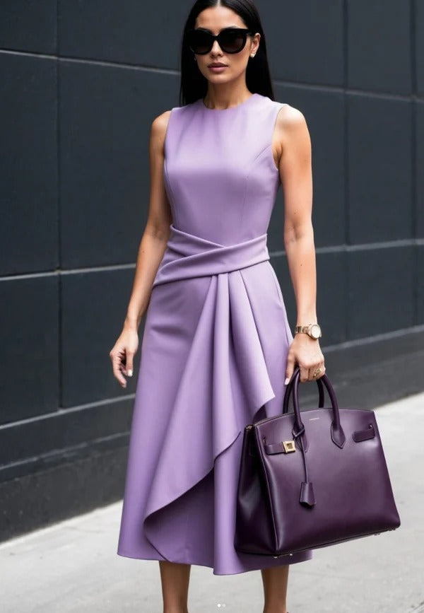 Women’s Sheath Dress - Slim Fit - Asymmetrical Draped Front - Sleeveless Elegant Wear