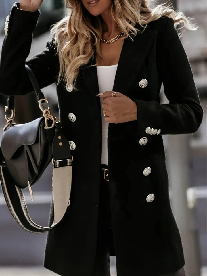 Women’s Wool Coat Jacket – Slim Fit – Double-Breasted – Tailored Lapels – Mid-Thigh Length