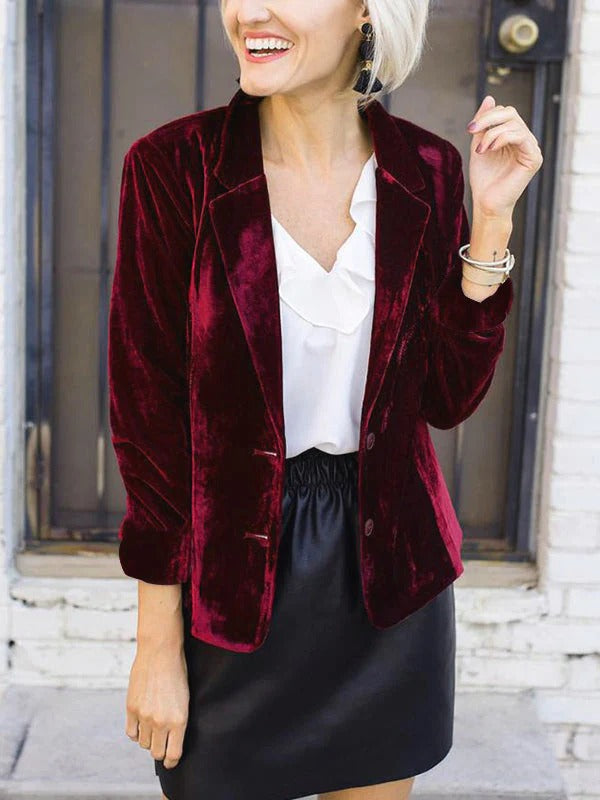 Women’s Blazer - Velvet Tailored Fit - Lapel Collar - Single Button Elegant Design