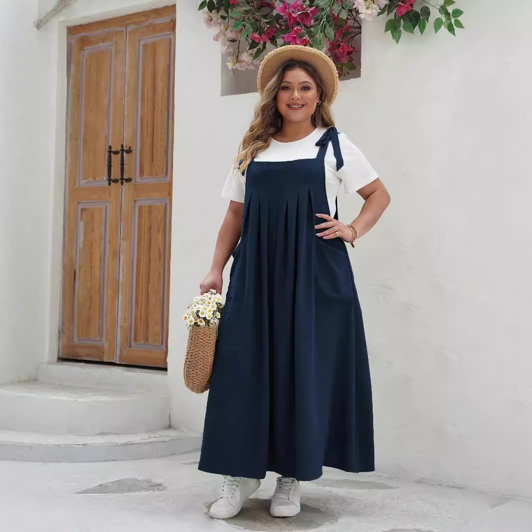 Women’s Maxi Dress – Loose Fit – Cotton Blend – Sleeveless with Adjustable Straps – Pockets