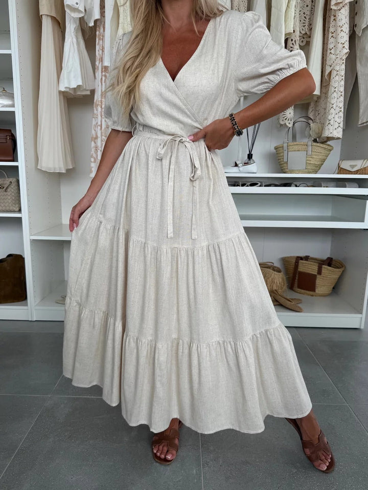 Women’s V-Neck Dress – Flowing A-Line – Wrap Front – Puff Sleeve – Belted Waist