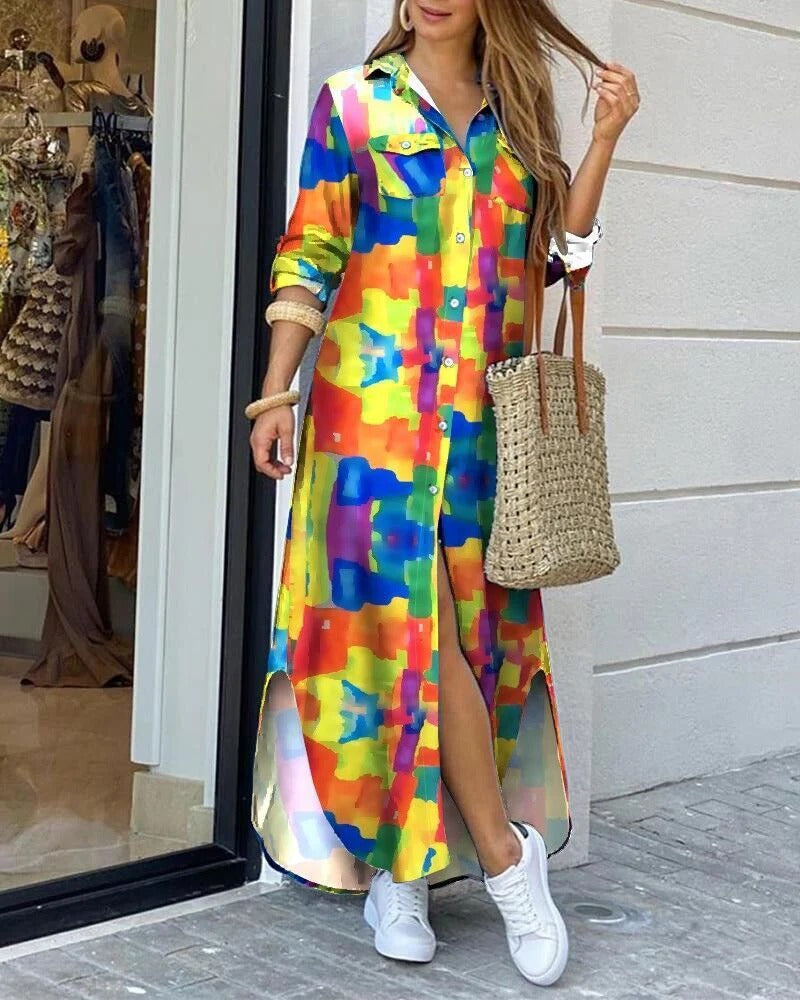 Women’s Maxi Dress – Relaxed Fit – Cotton Feel – Geometric Print – Button Front – Pockets