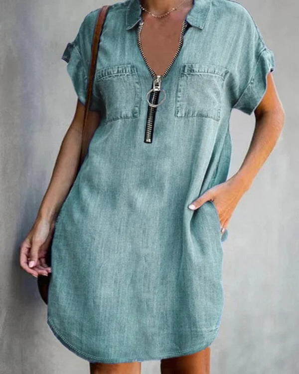 Women’s Denim Dress – Relaxed Fit – Zipper Front – Short Sleeve – Utility Pockets
