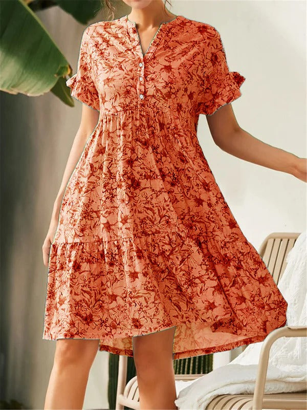 Women’s A-Line Dress – V-Neck – Ruffled Sleeve – Tiered Skirt – Floral Print