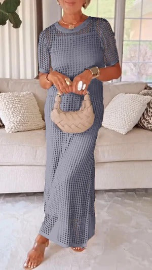 Women’s Maxi Dress - Mesh Overlay - Straight Fit - Short Sleeve Elegant Design