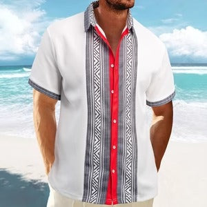 Men’s Short Sleeve Shirt - Relaxed Fit - Cotton - Ethnic Pattern - Button Down