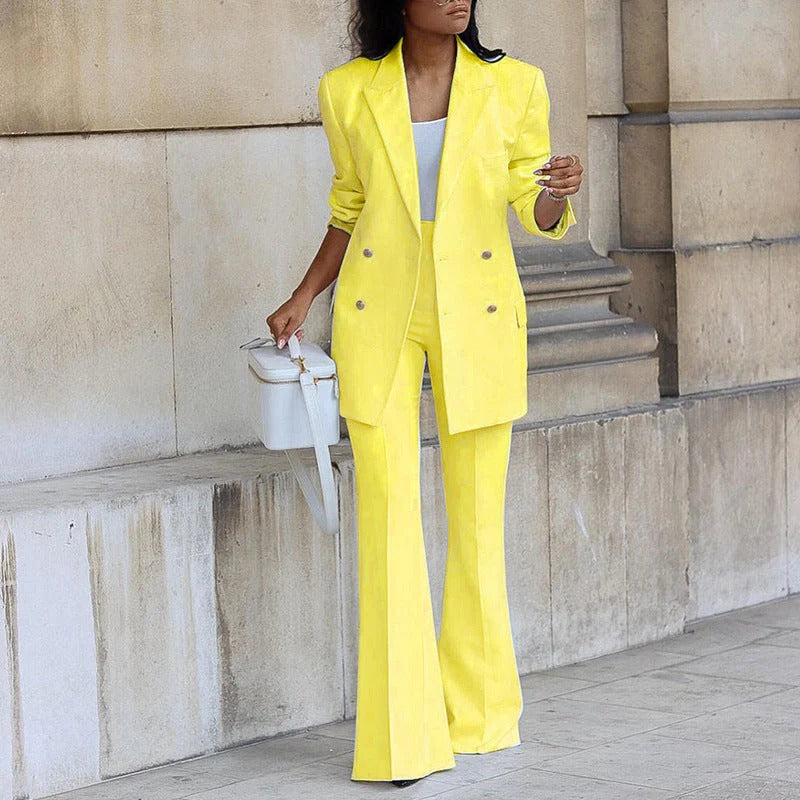 Women’s Blazer and Trouser Set – Slim Fit Double-Breasted – High Waist Flared Leg
