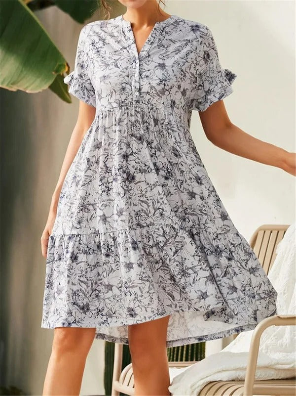 Women’s A-Line Dress – V-Neck – Ruffled Sleeve – Tiered Skirt – Floral Print