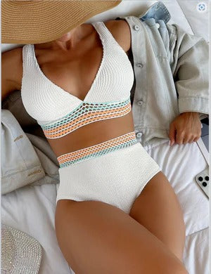 Women’s Bikini Set – High-Rise Fit – Ribbed Texture – Net Detail – Full Coverage