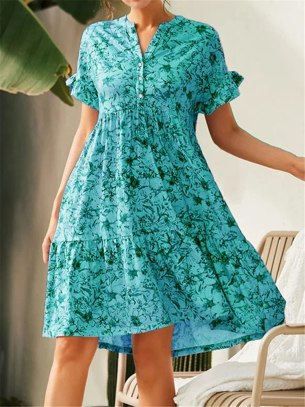Women’s A-Line Dress – V-Neck – Ruffled Sleeve – Tiered Skirt – Floral Print