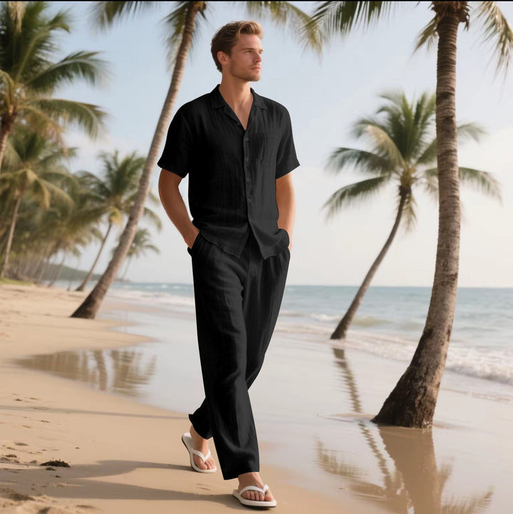 Men’s Shirt and Pants Set – Linen – Relaxed Fit – Short Sleeve – Elastic Waist