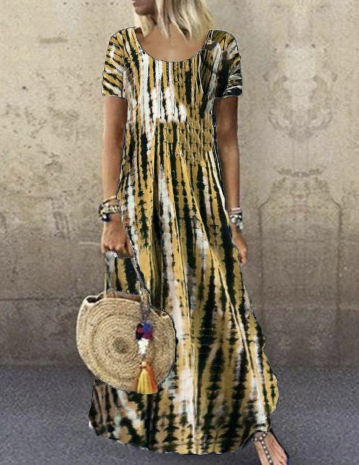 Women’s Maxi Dress – Loose Fit – Tie-Dye Print – Short Sleeve – Breathable Cotton Fabric