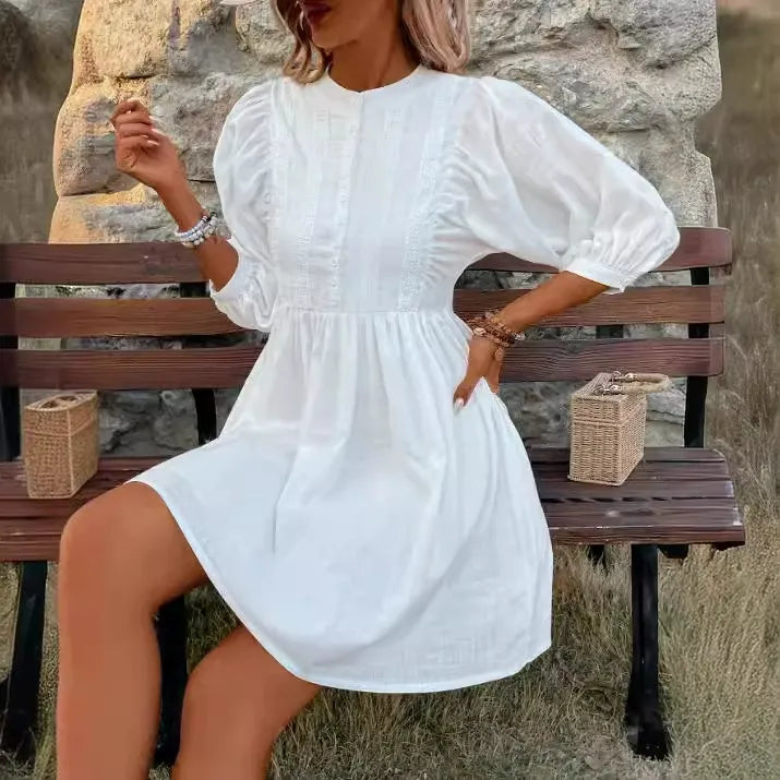 Women’s Dress – Cotton Blend – A-Line Fit – Lace Detail – High Neck – Puff Sleeve