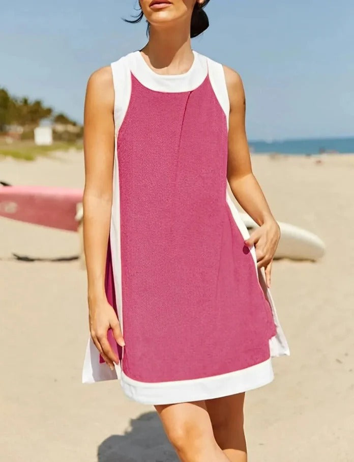 Women’s Mini Dress – Relaxed Fit – Sporty Neckline – Side Pockets – Cotton