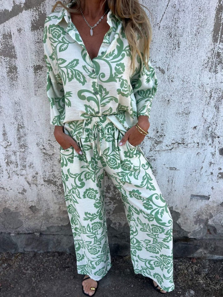 Women’s Two-Piece Set – Relaxed Fit – Cotton Blend – Button Blouse & Wide-Leg Pants