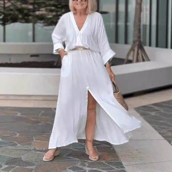 Women’s Maxi Dress – V-Neck – Long Sleeve – Cinched Waist – Front Slit – Relaxed Fit