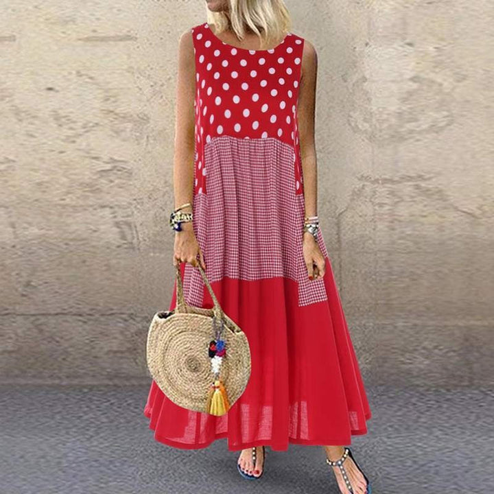 Women’s Sleeveless Dress – A-Line Fit – Cotton – Mixed Pattern – Full Length
