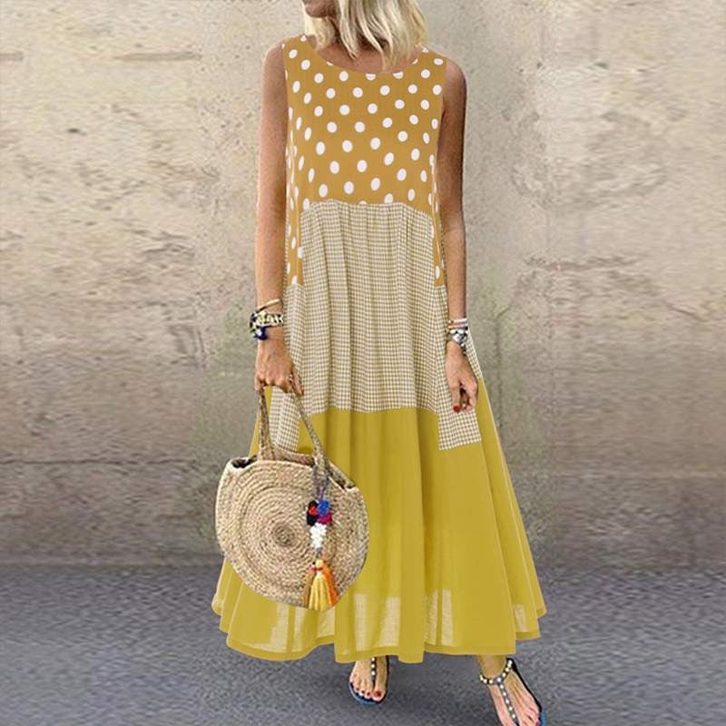 Women’s Sleeveless Dress – A-Line Fit – Cotton – Mixed Pattern – Full Length