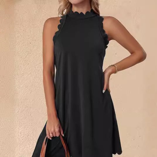Women’s A-Line Dress – Mini Length – Cotton – Ruffled Hem – Scalloped Neckline