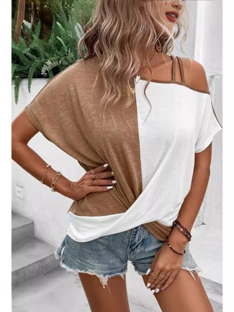 Women’s T-Shirt – Relaxed Fit – Off Shoulder – Strap Detail – Cotton – Colorblock Design