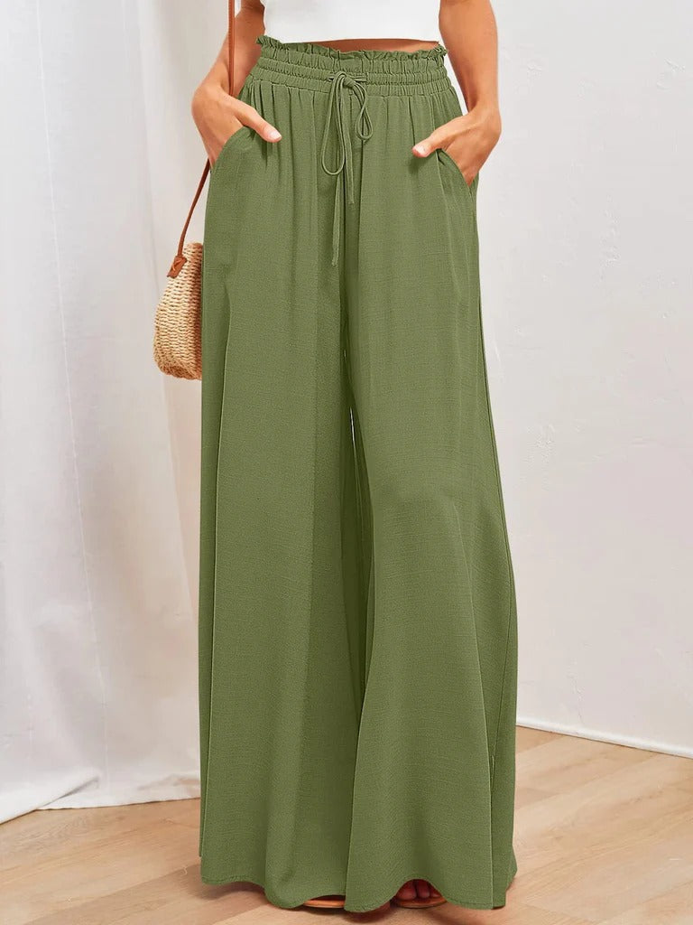 Women’s Wide-Leg Pants – Relaxed Fit – Pleated Cotton Blend – Elastic Waist with Drawstring