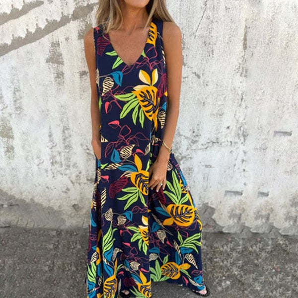 Women’s Sleeveless Dress – Relaxed Fit – V-Neck – Full Length – Cotton – Leaf Pattern