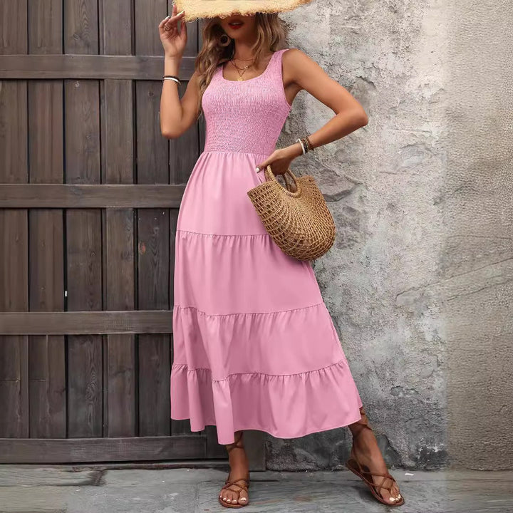 Women’s Suspender Dress - Smocked Bodice - A-Line Fit - Tiered Pleated Midi Skirt