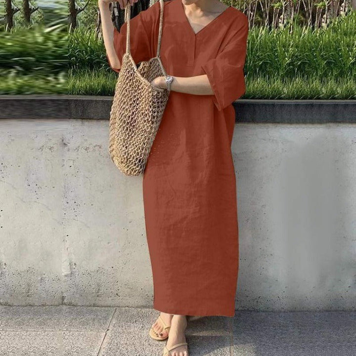 Women’s Maxi Dress – Cotton Linen – V-Neck – Short Sleeve – Relaxed Fit Casual Wear