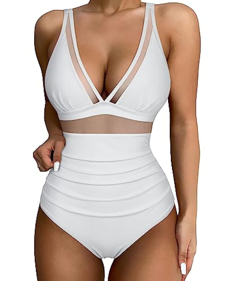 Women’s Swimsuit – Plunging Neckline – Mesh Detail – High-Cut Leg – Breathable Blend