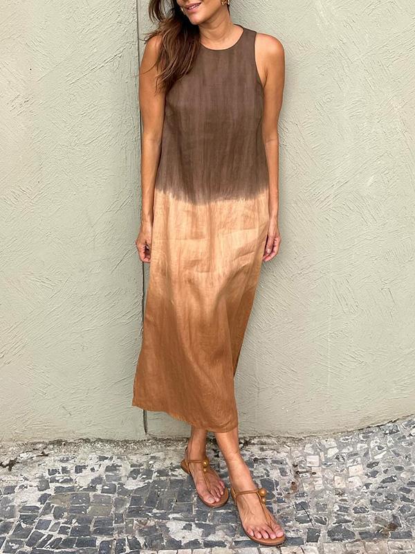 Women’s Midi Dress - Relaxed Fit - Sleeveless - Side Slit - Natural Fibers - Gradient Design