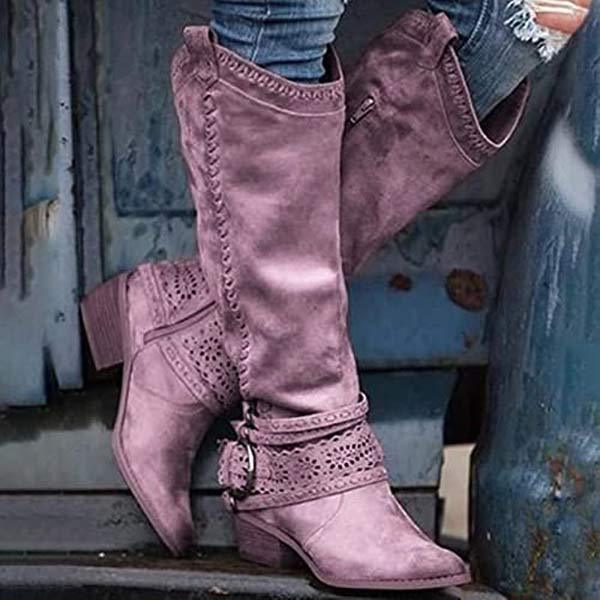 Women’s Tall Boots – Structured Fit – Embroidered Detail – Buckle Strap – Low Block Heel
