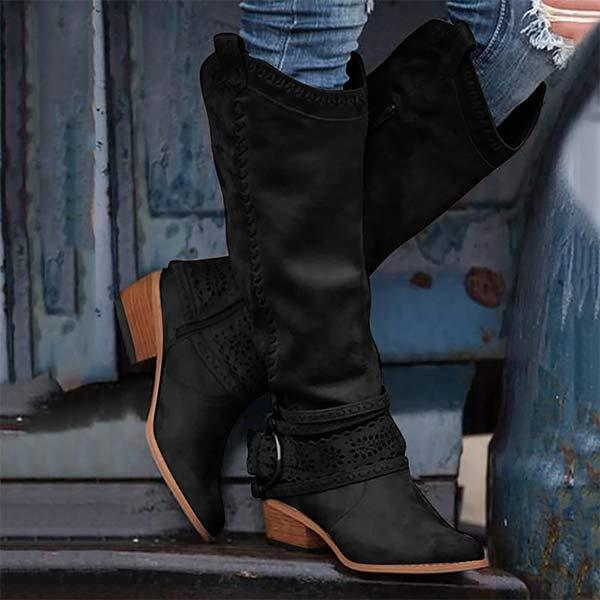 Women’s Tall Boots – Structured Fit – Embroidered Detail – Buckle Strap – Low Block Heel