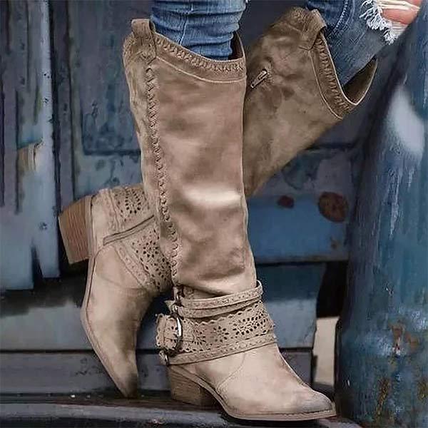 Women’s Tall Boots – Structured Fit – Embroidered Detail – Buckle Strap – Low Block Heel