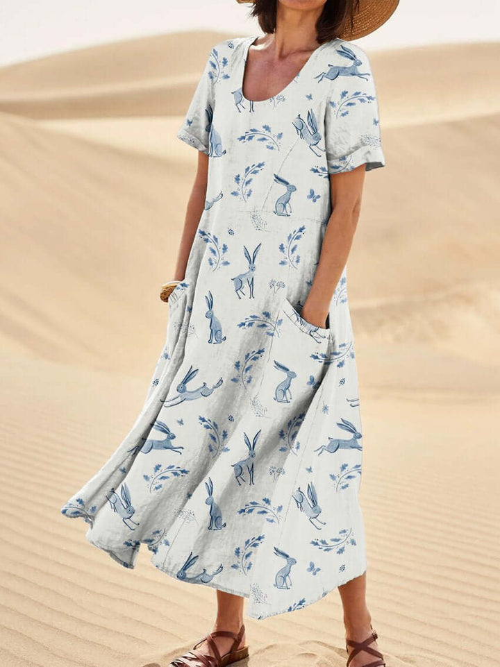 Women’s Midi Dress – Natural Fibers – Relaxed Fit – Scoop Neck – Short Sleeve – Printed