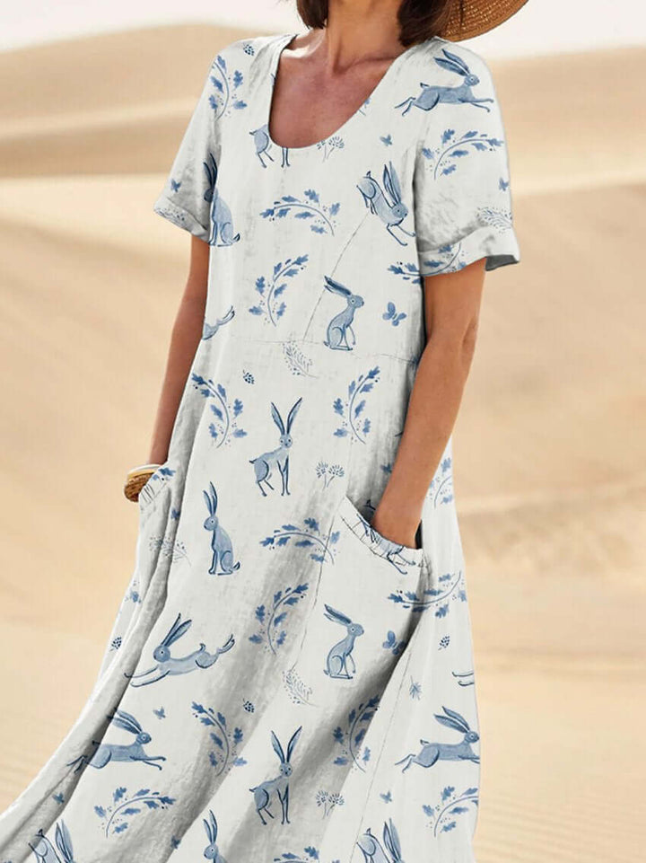Women’s Midi Dress – Natural Fibers – Relaxed Fit – Scoop Neck – Short Sleeve – Printed