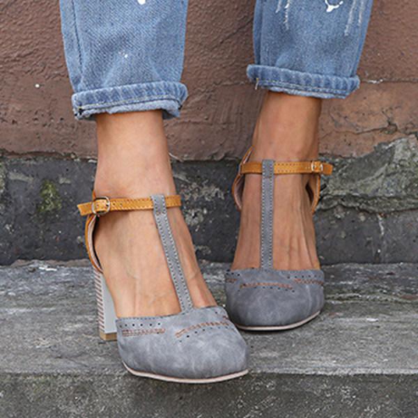 Women’s T-Strap High Heels – Block Heel – Perforated Toe – Buckle Strap