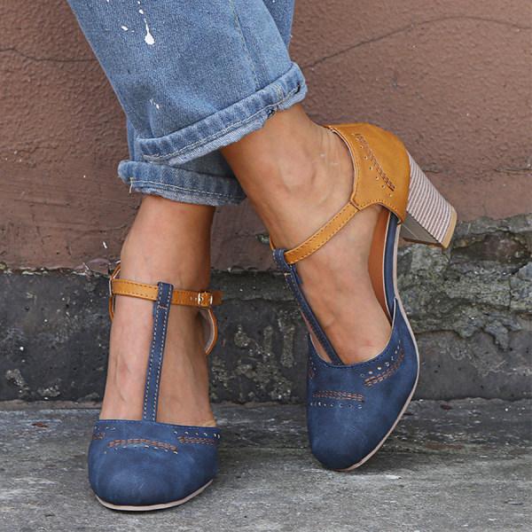 Women’s T-Strap High Heels – Block Heel – Perforated Toe – Buckle Strap