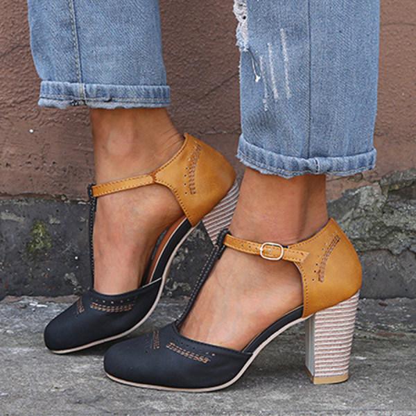 Women’s T-Strap High Heels – Block Heel – Perforated Toe – Buckle Strap