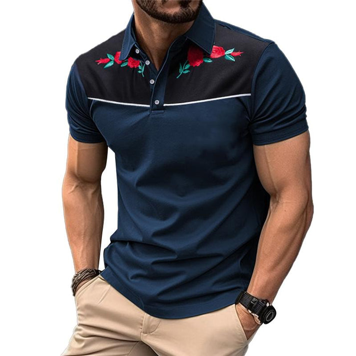 Men’s Polo Shirt - Short Sleeve - Embroidered Floral Design - Slim Fit Casual Wear