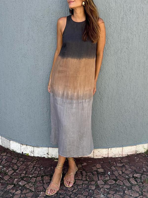 Women’s Midi Dress - Relaxed Fit - Sleeveless - Side Slit - Natural Fibers - Gradient Design