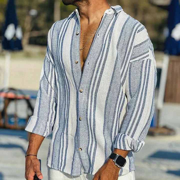 Men’s Casual Shirt – Relaxed Fit – Vertical Stripes – Button-Up Natural Fibers