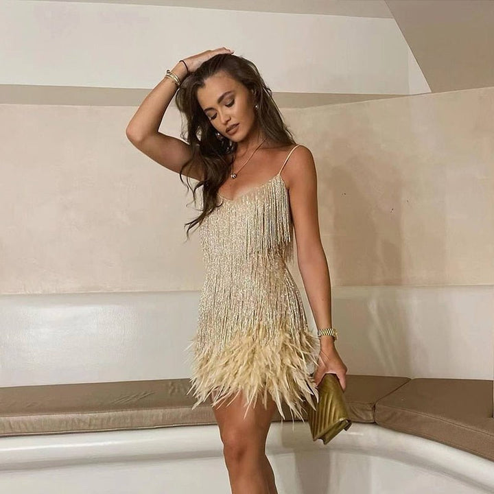 Women's Cocktail Dress - Spaghetti Straps - Fringe & Feather Detailing - Elegant Fit