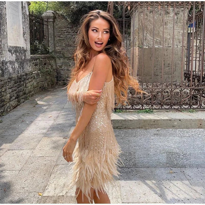 Women's Cocktail Dress - Spaghetti Straps - Fringe & Feather Detailing - Elegant Fit