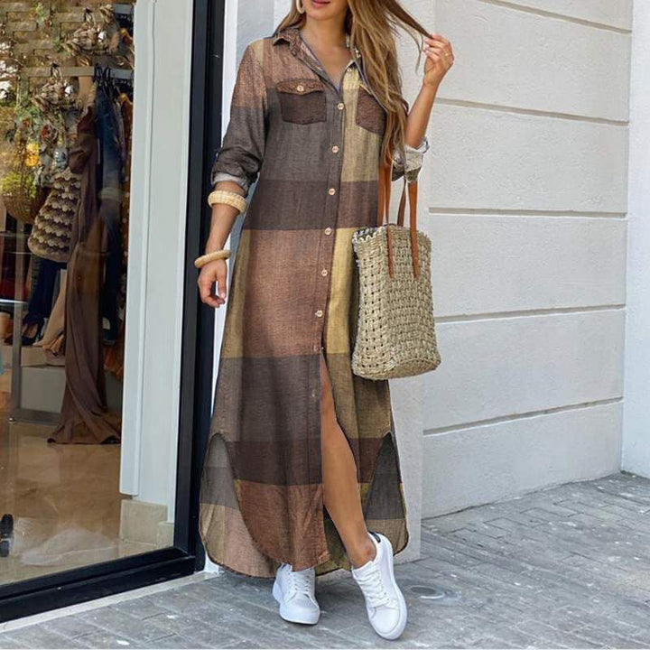 Women's Maxi Shirt Dress - Button-Down - Three-Quarter Sleeves - Plaid Pattern