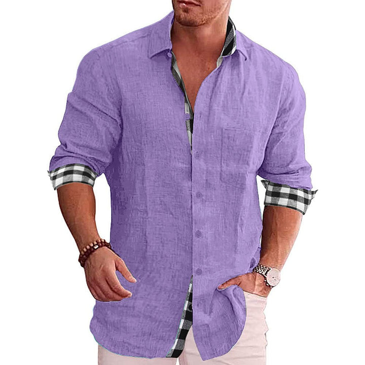 Men’s Button-Up Shirt – Tailored Fit – Long Sleeve – Natural Fibers – Checked Accents