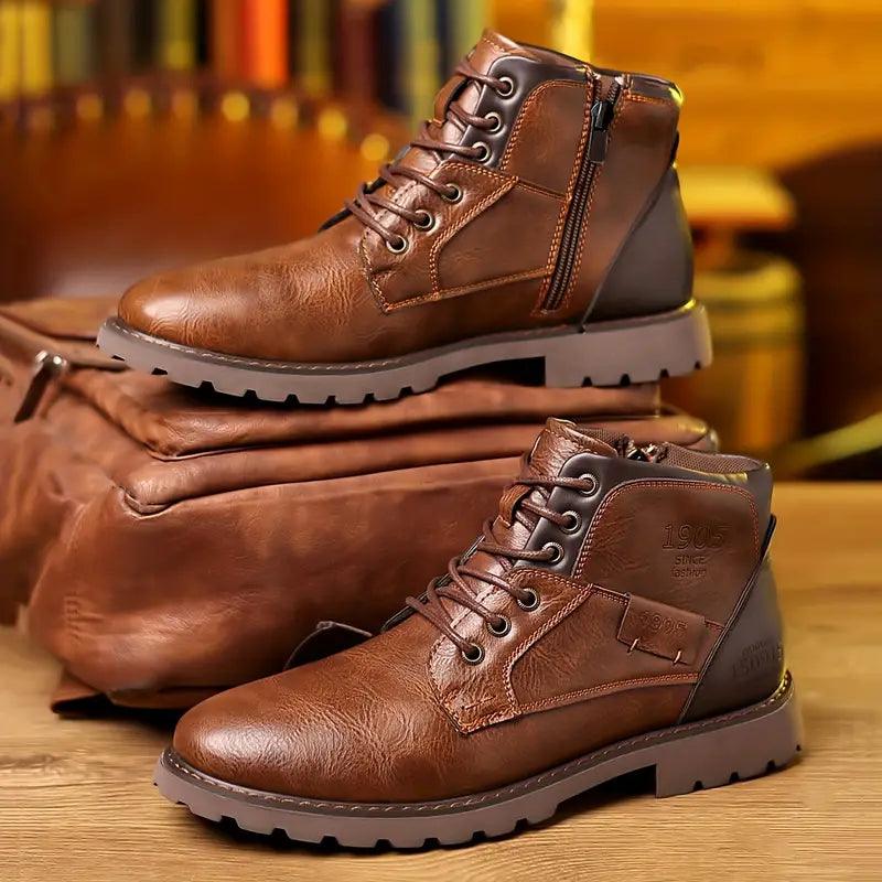 Men’s Leather Ankle Boots – Lace-Up with Zipper – Rugged Rubber Sole – Casual Durable Fit