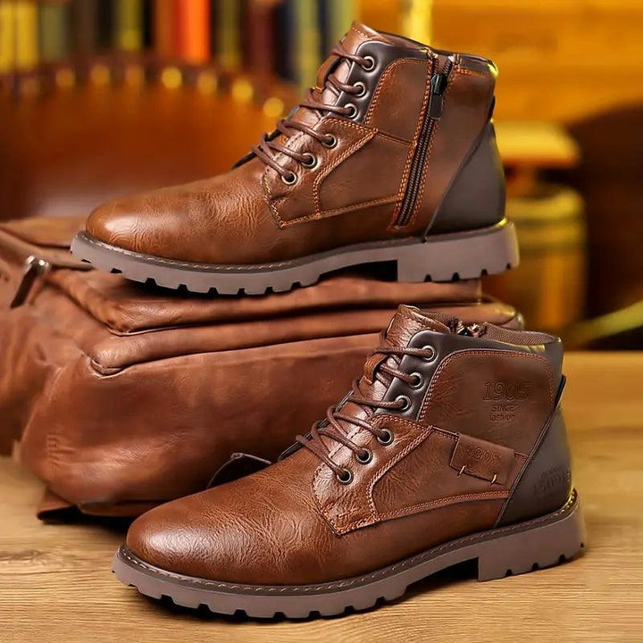 Men’s Leather Ankle Boots – Lace-Up with Zipper – Rugged Rubber Sole – Casual Durable Fit